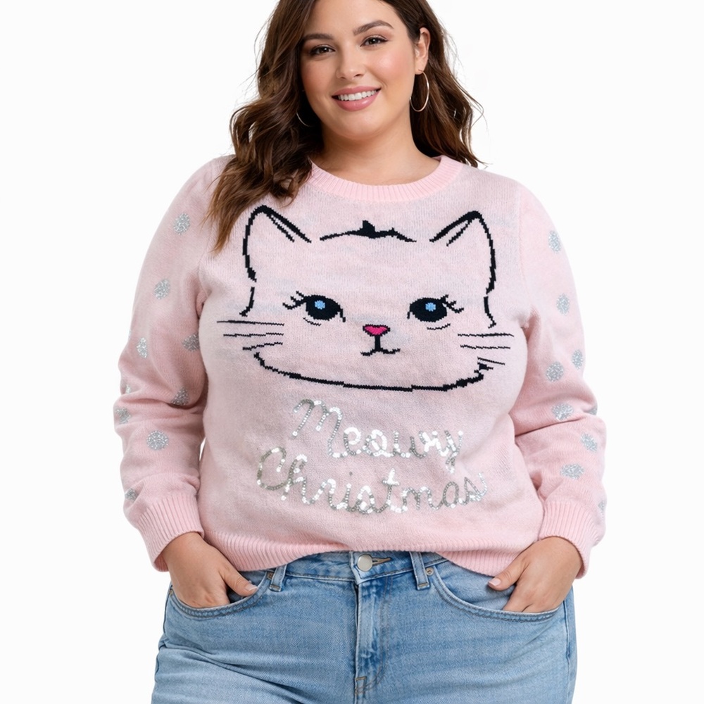 Pink Kitty Face Silver Sequin Polka Dot‎  Meowy Christmas Sweater XXL